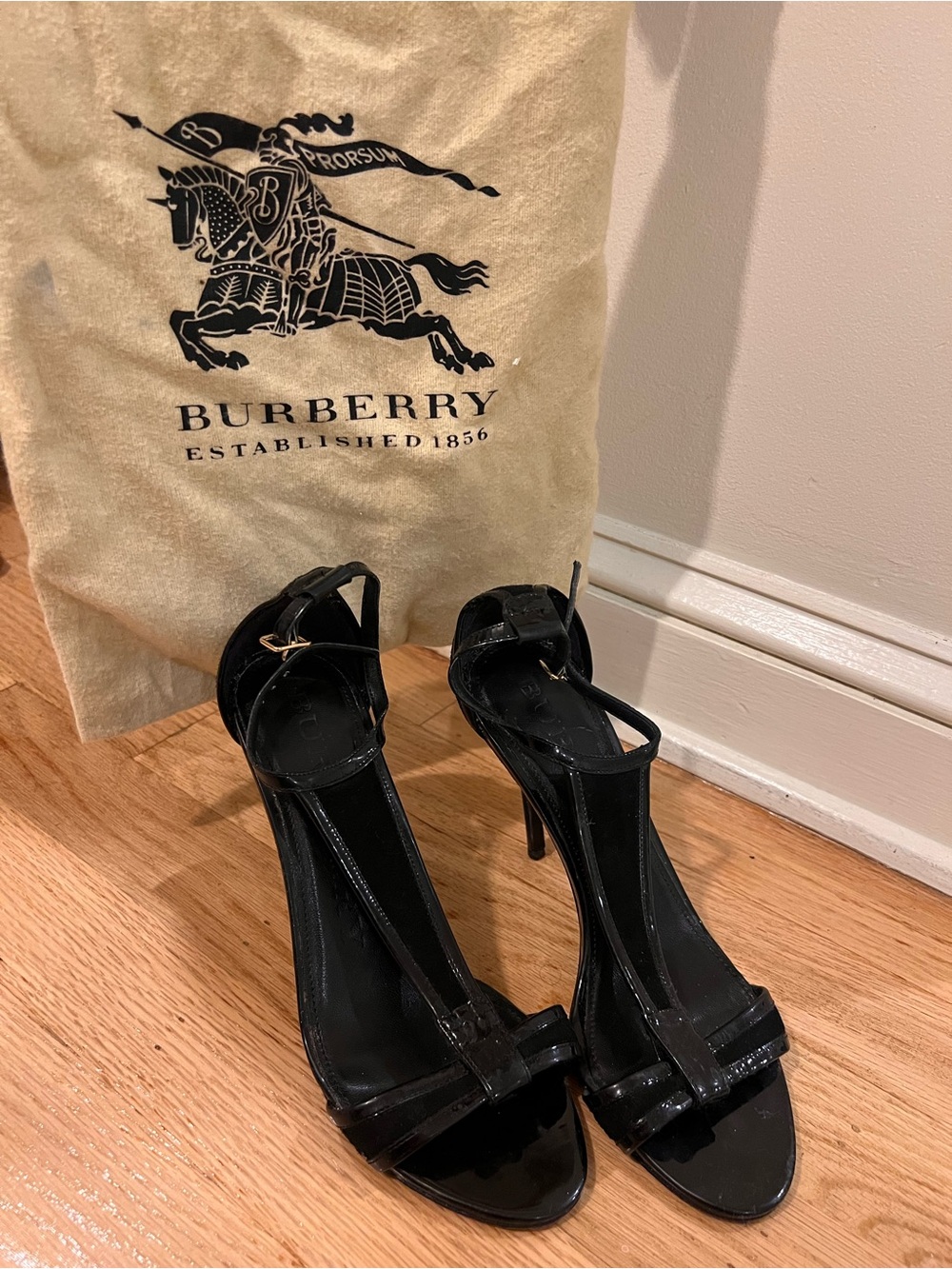 Burberry Black Patent Leather T-Strap Stiletto Sandals
